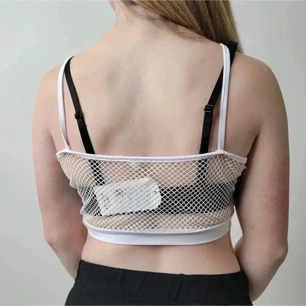 White fishnet crop tank top sheer mesh rave yoga - Picture 5 of 5